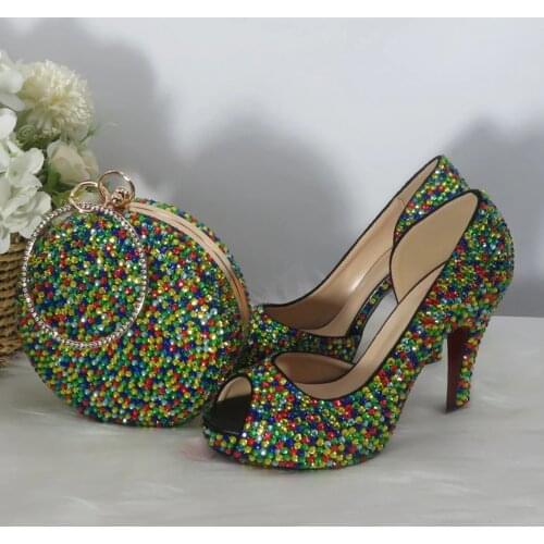 Colour Crystal Open Toe Party Dress Shoes And Bag Women Sandals Bride Wedding Shoe Open Toe High Heels Pumps Round handbag