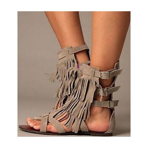 Grey/black tassels flat sandals for women buckles strap open toe cover heel fringed sandal booties summer ankle boots size 35-43