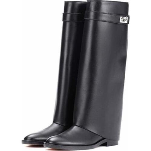 2021 Fashion Women Shark Look Over Knee High Boots Genuine Leather Fold Female Flat Riding Long Boots Black