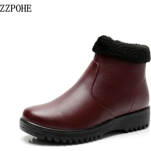ZZPOHE Women Genuine Leather Ankle Boots 2019 Winter Fashion Warm Plush Womens Slip On Snow Boots Mother Shoes