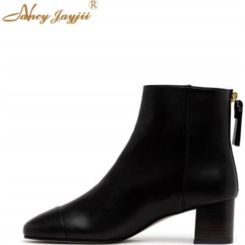 Genuine Leather Women Black High Heels Shoes Super Famous Brand Cow Leather Square Heel Ankle Boots Zip Big Size 42 43 45