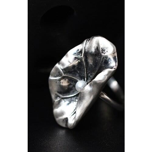 Vintage 925 Sterling Silver Freshwater Pearl Lotus Leaf Open Rings For Women High Quality Handmade jewelry