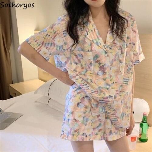 Women Pajama Sets Sweet Girls Single Breasted Tops Printed Shorts Summer Cozy Nightwear Breathable Trendy Lounge Casual Females
