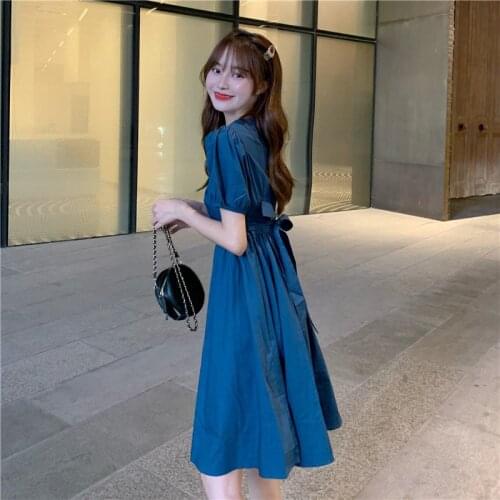 Woman Dress First Love Fluffy Sleeve Skirt Womens Mid-length V-neck Back Bow Dress Design Sense Niche Summer