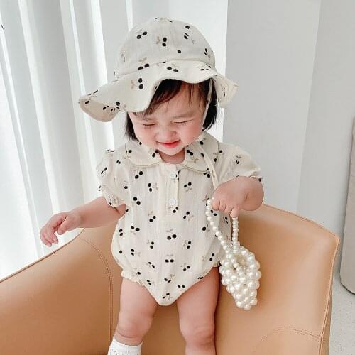 2021 Baby Newborn Girl Romper Korean Summer Short Sleeve Doll Collar Floral Playsuit +sunhat Children Kids Sweet Jumpsuit Outfit