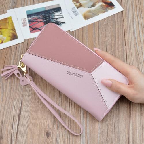Fashion Geometric Womens Wallet PU Leather Zipper Long Wallet Patchwork Tassel Coin Purse Luxury Designer Mobile Phone Bag