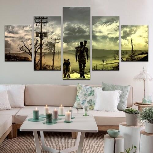 Fallout 4 Man and a Dog Game Poster Canvas Painting Modular 5 Pcs Cloth Fabric Print For Home Decor Wall Art Abstract Picture