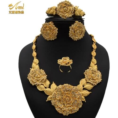 Necklace Sets For Womens Golden Jewelery Set Indian Bride Earrings Rings African Wedding Accessories Bracelet Bridesmaid Gift