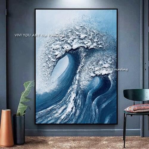 Large Handpainted thick knife abstract Sea oil painting Blue White gorgeous abstract Painting home Living Room Decor Artworks