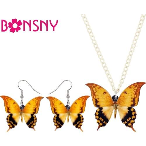 Bonsny Acrylic Jewelry Set Yellow Spotted Butterfly Necklace Earrings Collar Fashion Pendant For Women Girls Decoration NE+EA