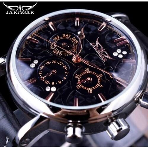 JARGAR Fashion Automatic Mechanical Business Watch Mens Calendar Dress Wristwatches Men Casual Dress Genuine Leather Band Colck