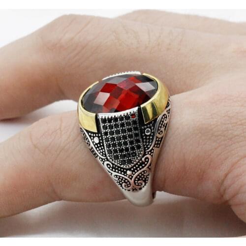 Natural Stone Ring 925 Sterling Silver Turkish Men Ring with Oval Red CZ Zircon Vintage Carved Rings Male Women Jewelry Gift