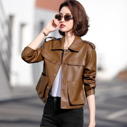 Short Leather Jacket Women 2021 Spring And Autumn New Big Pocket Polo Collar Motorcycle Leather Jacket Women Clothing