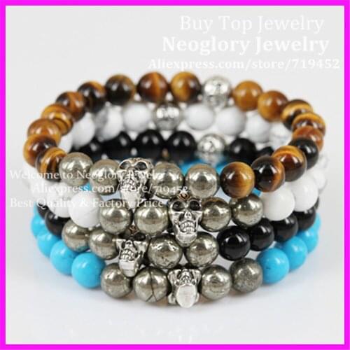 Wholesale 12pcs Mens Beaded Skull Bracelet & Bangles Howlite Onyx Stone Tiger Eye Round Pyrite Skull Bracelet