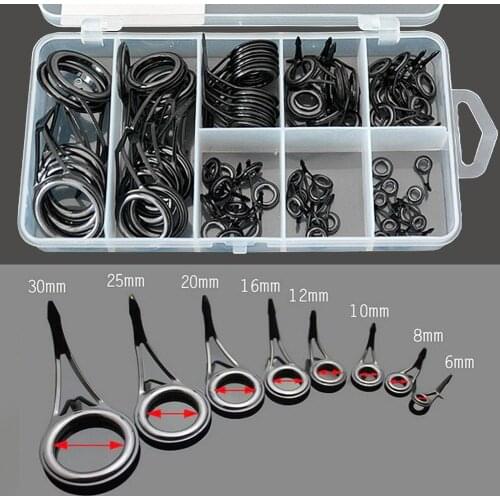 75Pcs 8 Sizes Black Fishing Rod Guides Tip Tops Repair Kit Stainless Steel Ceramic Ring Rod Tip Tops Replacement Parts