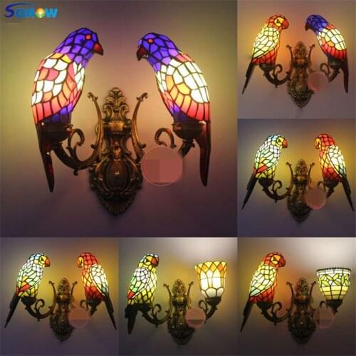 SGROW Stained Glass Parrot Wall Lamp 2 Heads Tiffany Led Lights Indoor Lighting Fixtures for Bedroom Creative Design Sconce Wall