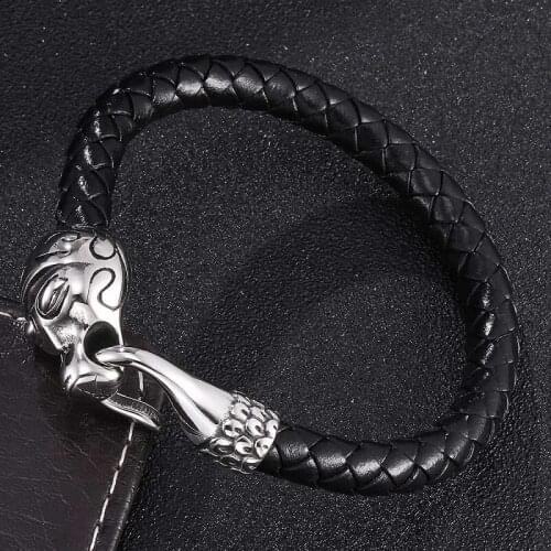 New Black/Brown Leather Braided Bracelet Men Animal Head Stainless Steel Easy-Hook Woven Bracelets Male Wrist Band Gifts ST0387