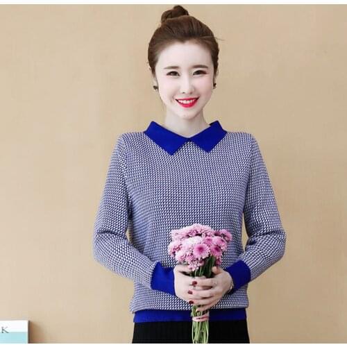 Autumn Winter Style Women Knitted Pullover Sweater Lady Casual Long Sleeve Turn-down Collar Plaid Printed Pullover ZZ0934