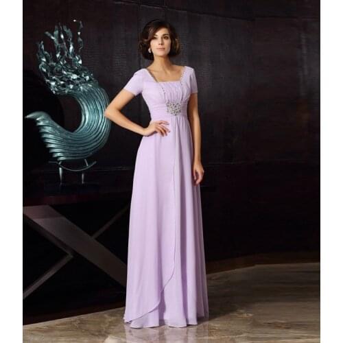 Lilac Mother Of The Bride Dresses A-line Short Sleeves Chiffon Beaded Plus Size Long Groom Mother Dresses For Weddings