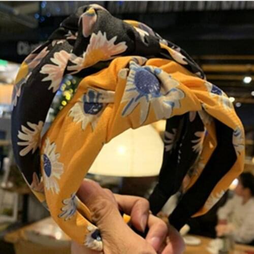 Lovely Sunflowers Print Headband Teen Girls Top Knot Bow Headband Hairband Women Hair Accessories Adults Lovely Flower Headband
