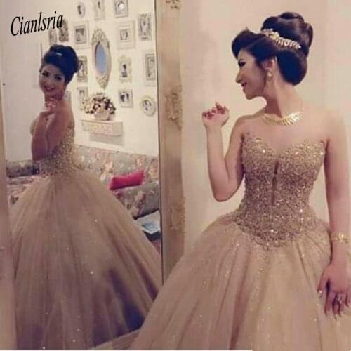 Luxury Gold Sweetheart Neckline Tulle Ball Gown Princess Quinceanera Dress With Lace Sequin Bodice Sweet 16 Dress