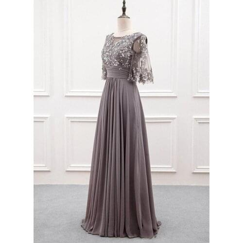 Sliver Sequins Lace Mother Of The Bride Groom Dresses Short Sleeve Pleats Draped Chiffon Evening Dress Formal Wedding Bridal Par
