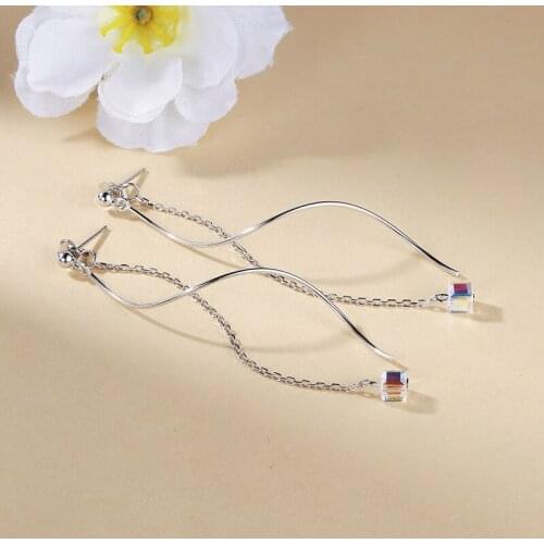Real 925 Sterling Silver Wave Dangle Earrings For Women Square Crystal Chain Dangle Earring Statement Fine Jewelry Party Gifts
