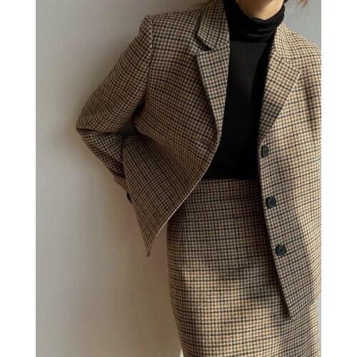 Korean Style Chic Vintage Plaid Two Pieces Suits Set Loose Houndstooth Long Sleeve Blazer Jacket + Midi Skirt Ladies Office Suit