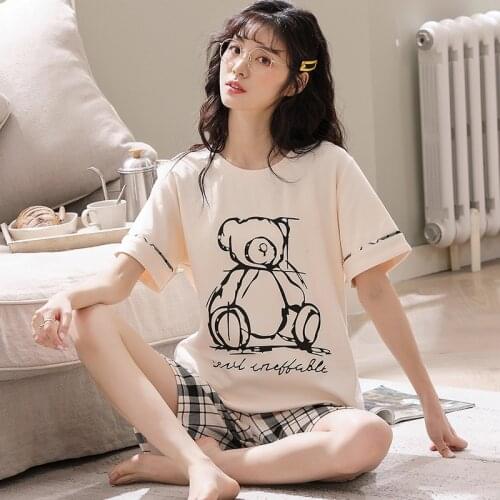 Cute Personality Bear Plaid Shorts Girl Sleepwear Large Size Womens Pajamas Summer Cotton Short-sleeved Round Neck Home Wear