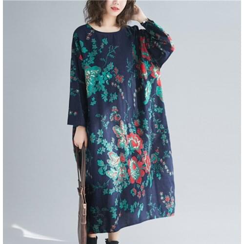 Plus Size 5XL Loose Women Dress Cotton Linen Long Sleeve Spring Dress Print Floral Vintage Dress Female Long Casual Dress