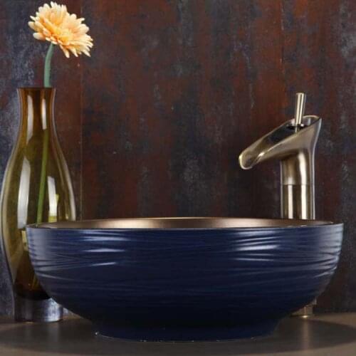 China Vintage Style Ceramic Art Basin Sink Counter Top Bathroom Sink ceramic hand wash basin blue with gold round