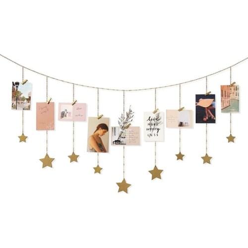 Hanging Photo Display Wooden Stars Garland Chains Picture Frame Collage Clips Wall Art Decoration for Home Office Nursery Room