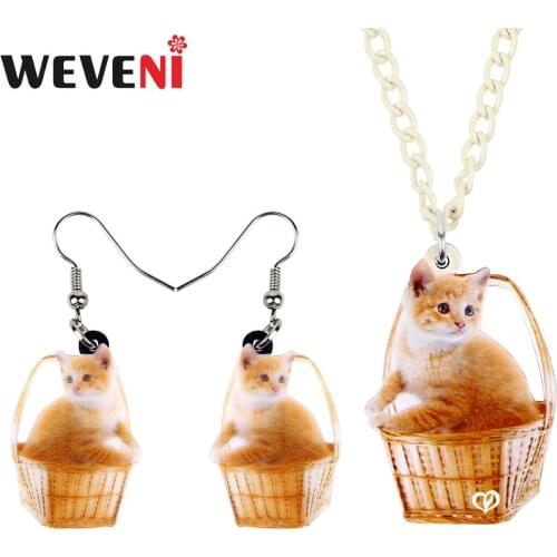 WEVENI Acrylic Basket Cute Orange Cat Kitten Necklace Earrings Jewelry Sets Sweet Pets Teens Fashion Accessory Charm Party Gift