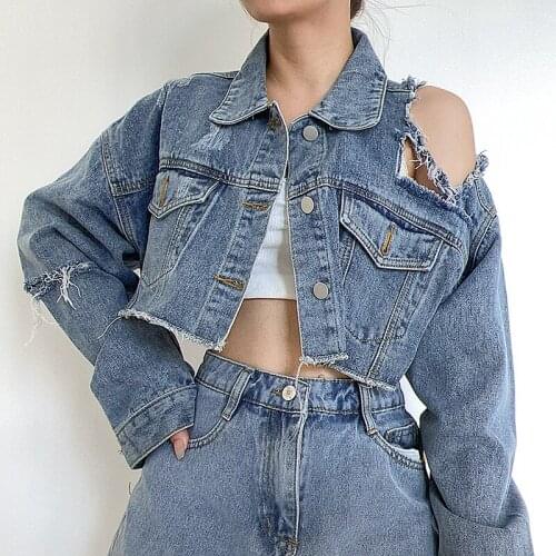 Autumn Women Denim Jacket Women Coat Jacket Buttons Female Short Jacket 2021 Clothing Hollow Out Off Shoulder Ladies Denim Coats