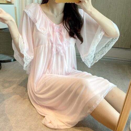 Ladies Summer New Flare Sleeve Nightdress Sweet Mesh V-Neck Home Dress Lace Bow Trim Princess Nightgown Autumn Lounge Sleepwear