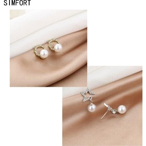Womens 925 Silver Pin Earring Five-pointed Star Pearl Round Elegant Fashion Simple Personality Alloy Decoration Jewelry Gift