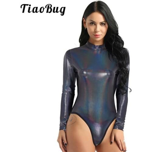 TiaoBug Women Shiny Metallic Long Sleeves Gymnastics Leotard Bodysuit Dancewear Club Party Rave Performance Pole Dance Costume