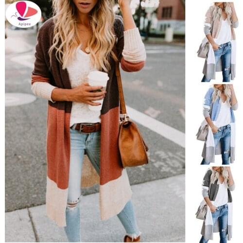 Autumn Sweater Women Long Sleeve Patchwork Knitted Open Front Rainbow Striped Cardigan Women Coat sueter mujer invierno 2021