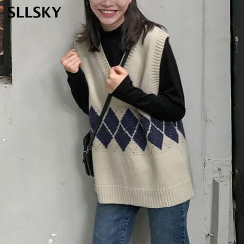 SLLSKY Argyle British style Sweater Vest Women Vintage V-Neck Pullover Sleeveless Preppy Loose Vest 2020 Spring Autumn Tops