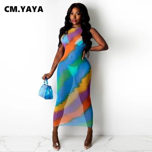 CM.YAYA Women Long Dress Print Mesh See-through Sleeveless Bodycon Strechy Midi Dresses Sexy Night Club Vestidos Summer Outfits