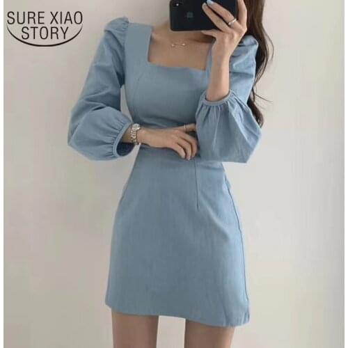 Korean Women High Waist Solid Puff Sleeve Bag Hip Short Dress Chic Square Collar Expose Clavicle Slim Fit Dress Vestidos 12148