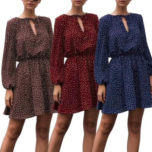Women Autumn Sexy V Neck Lace up Dot Long Sleeve High Waist Party Mini Dress Suitable for any occasion in late spring