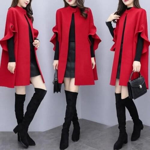 New Womens Spring, Autumn And Winter Plus Size 5XL Mid-Length Woolen Coat Female Red British A-Line Cloak Woolen Clothing L245