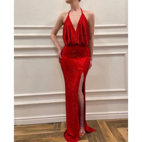 Red Prom Dresses Sheath Halter Sequins Sparkle Backless Slit Sexy Long Prom Gown Evening Dresses Robe De Soiree