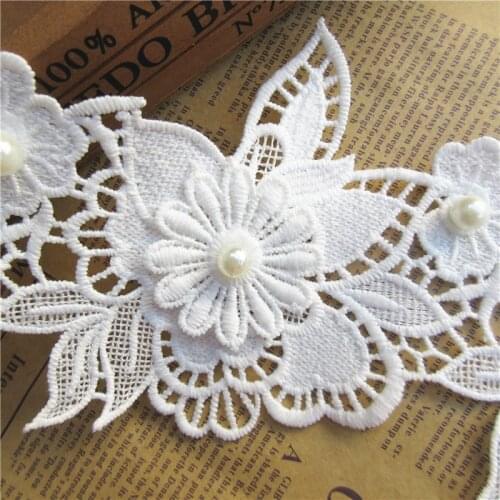 12cmx11cm White Cotton Pearl Flower Embroidered Lace Trim Ribbon Fabric Handmade DIY Wedding Dress Sewing Supplies Craft