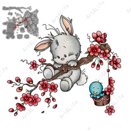 2021 Metal Cutting Dies Cute Rabbit And Flowers Stencils For Making Scrapbooking Album Birthday Festival Cards Embossing Cut Die