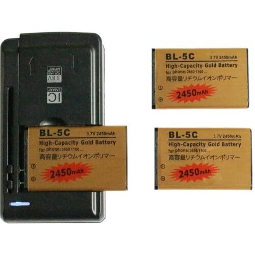 3x 2450mAh BL-5C BL5C BL 5C Gold Replacement Battery + Universal Charger For Nokia 2300 2310 2355 2600 2610 2626 2700C 2710c ect
