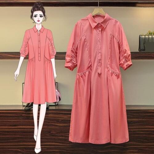 Large Summer Women Loose Pink Medium Length Shirt Dress Raglan Sleeve Single Breasted Straight Plus Size Xxxxl Ladies Dresses