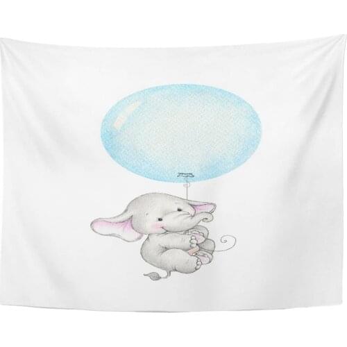 Tapestry Baby Cute Elephant Flying on Blue Balloon Animal Nursery Tapestries Wall Hanging for Living Room Bedroom Dorm