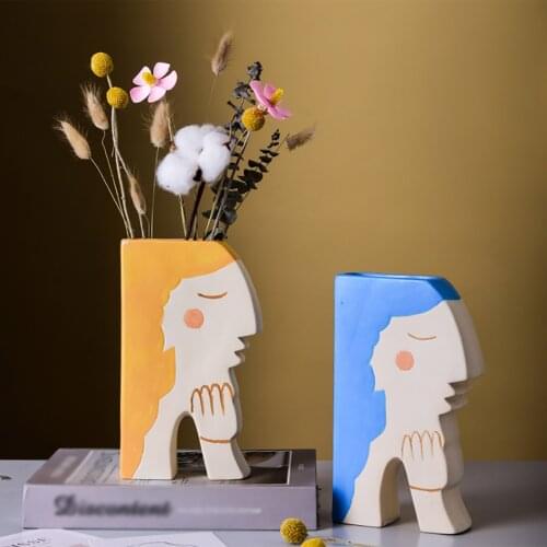 Ceramic Art Face Dried Flower Vase Planter Sculpture Desk Decor Portrait Modern Figurines For Interior Nordic Creative Flowerpot